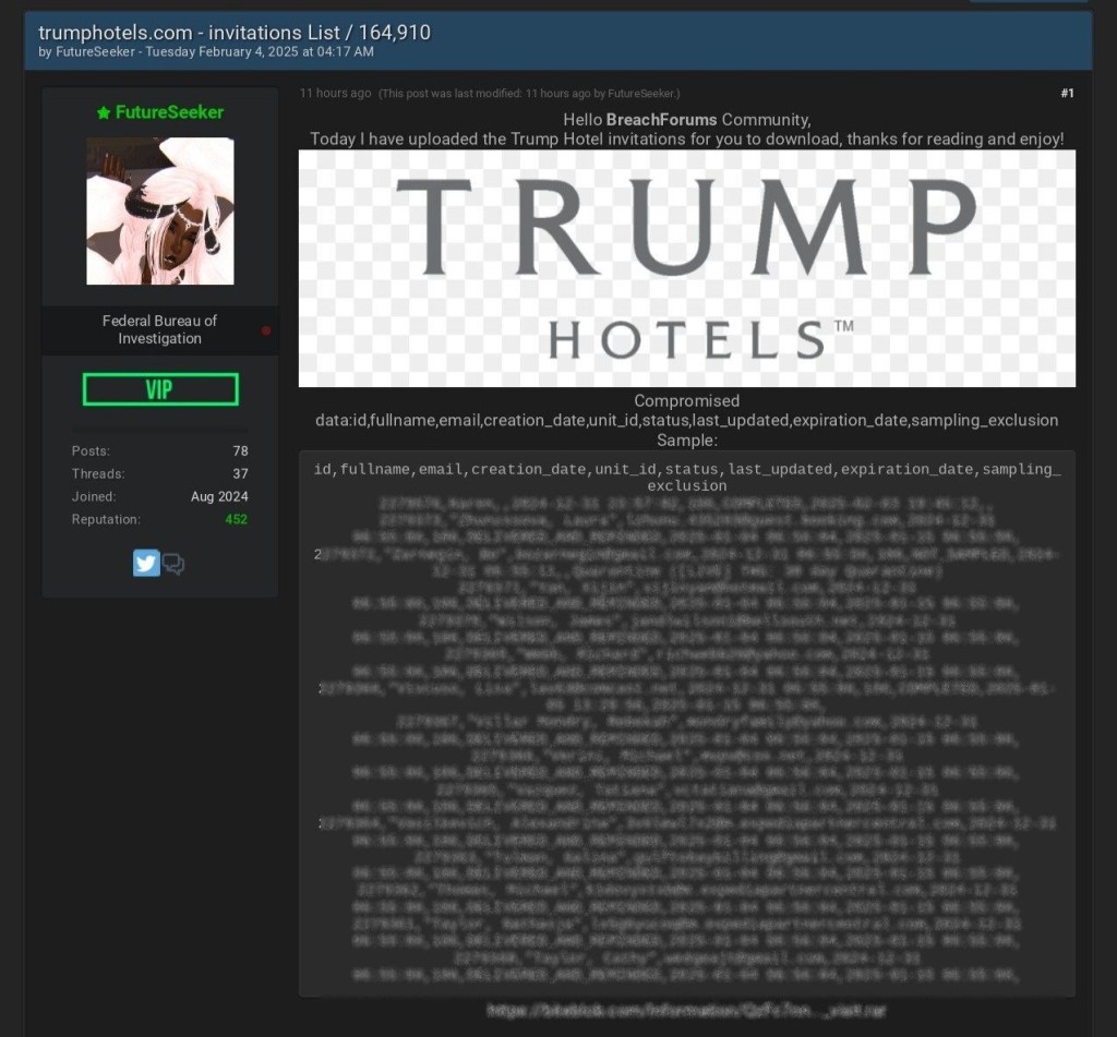 Trump Hotels Data Breach Post.