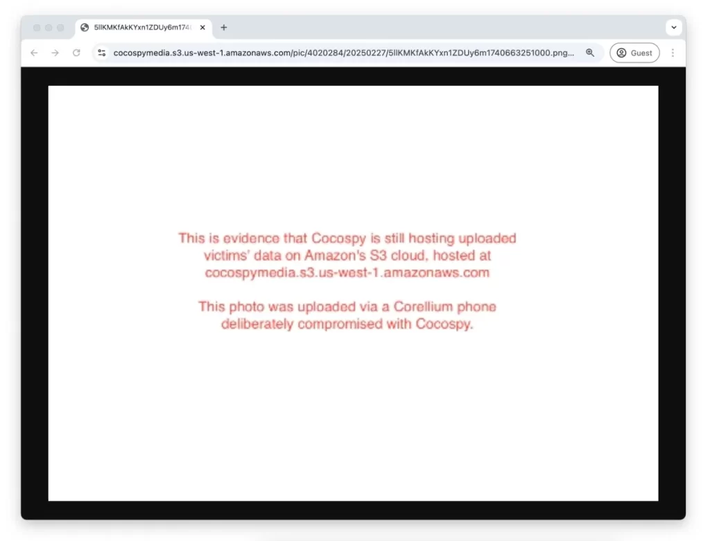AWS-hosted photos uploaded via a virtual Android device deliberately compromised with Cocospy.