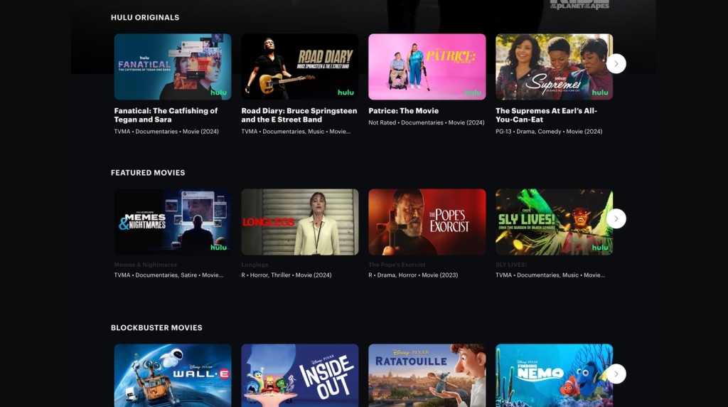 Hulu Landing Page with Recommended Titles