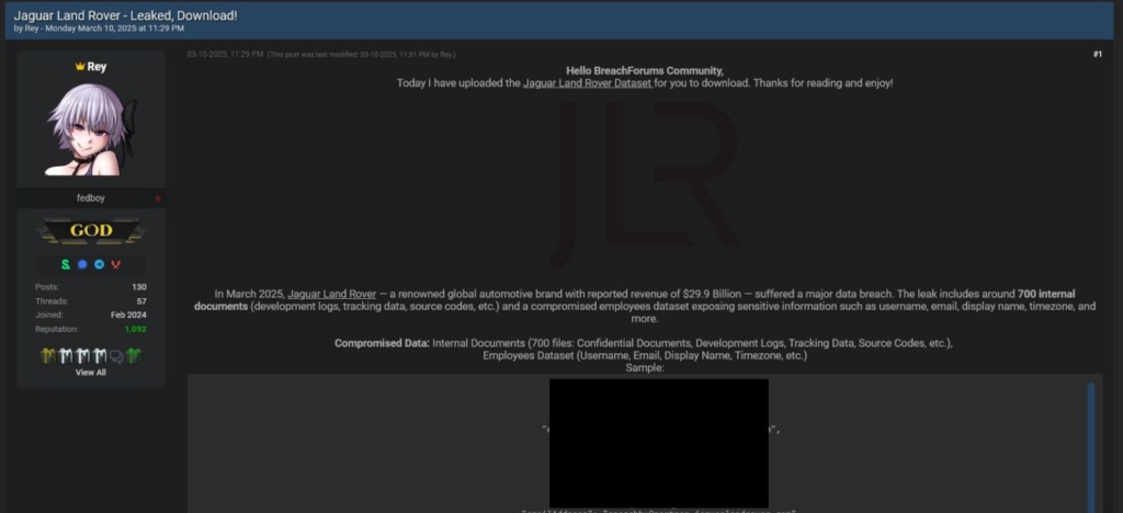 Rey’s thread on a cybercrime forum in which they leaked data from Jaguar Land Rover.