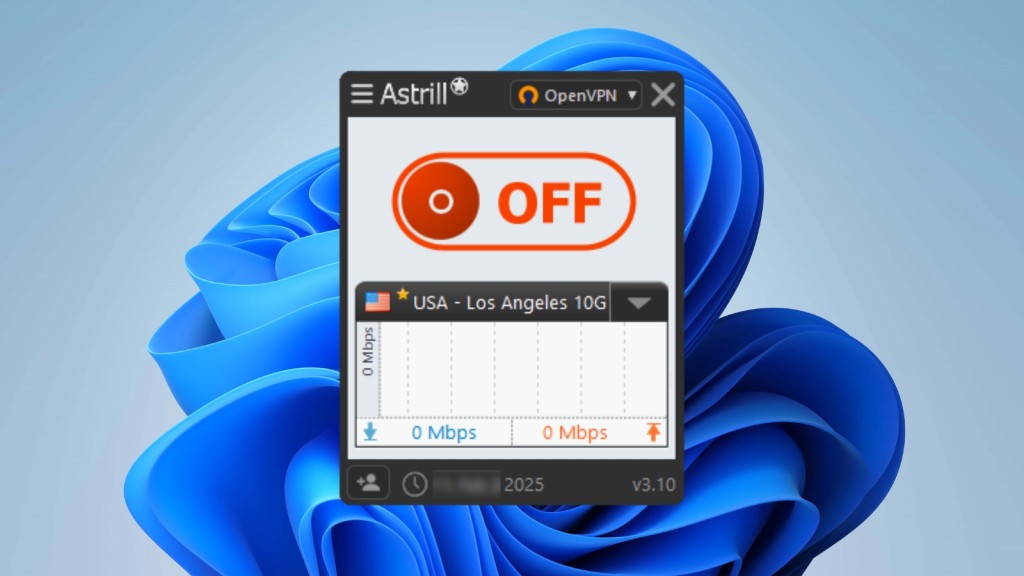 Astrill VPN’s home screen on a Windows device, showing the main app interface with a US server location in OpenVPN protocol