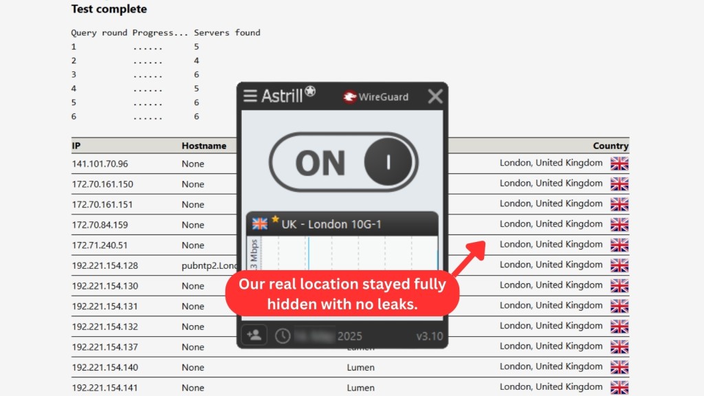Astrill VPN DNS leak test result APR 25 showing London-based IP addresses with no leaks detected