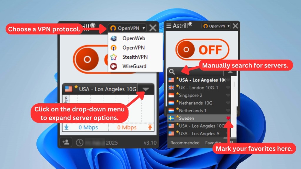 Astrill VPN's Windows app, displaying the protocol selection menu alongside a scrollable list of available server locations by country