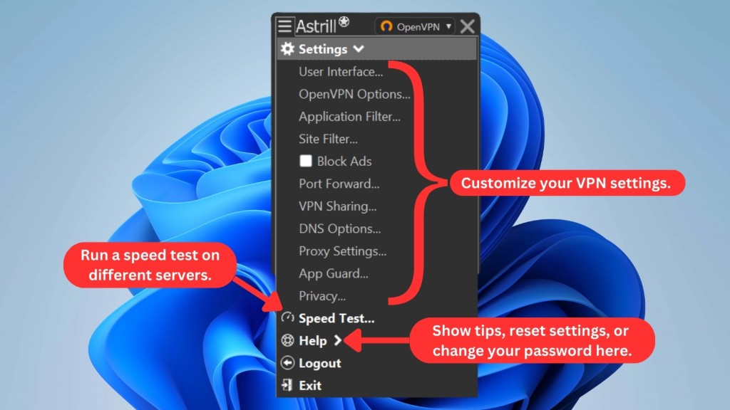 Astrill VPN settings menu on Windows showing different VPN options, a speed test tool, and a help tab