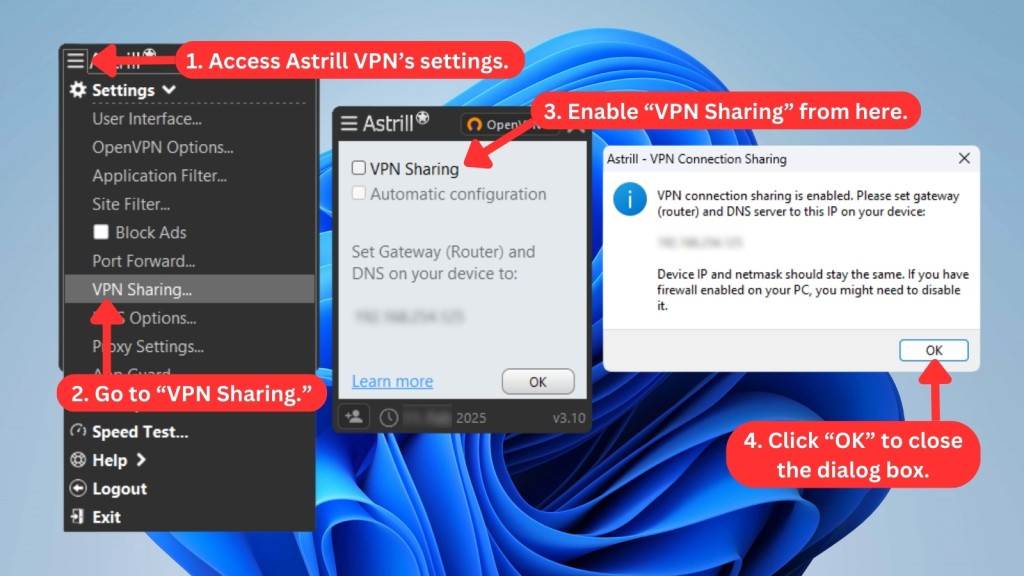 Steps to turn on Astrill’s VPN Sharing feature on Windows