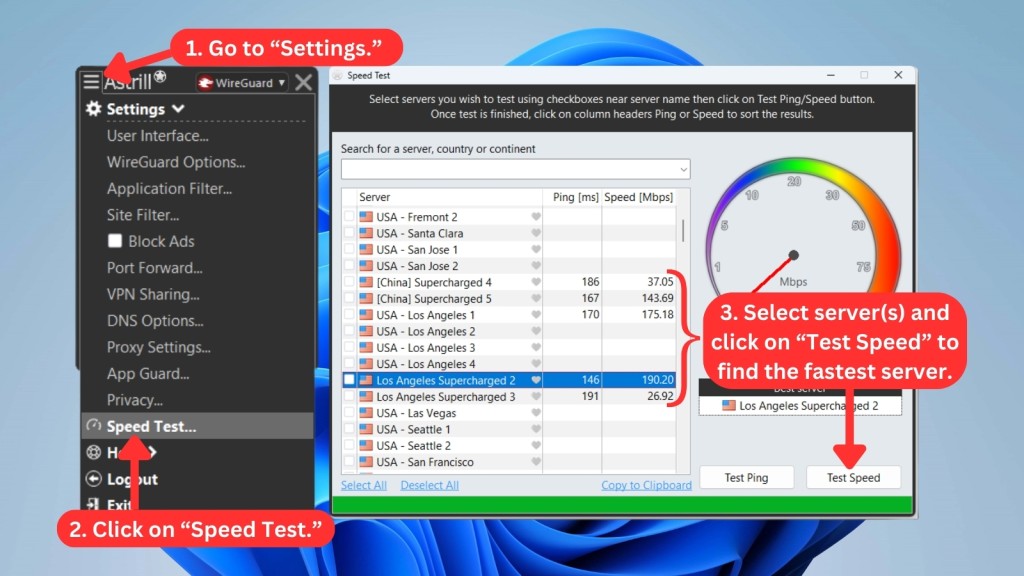 Astrill VPN speed test tool displaying a list of servers with speed and ping values