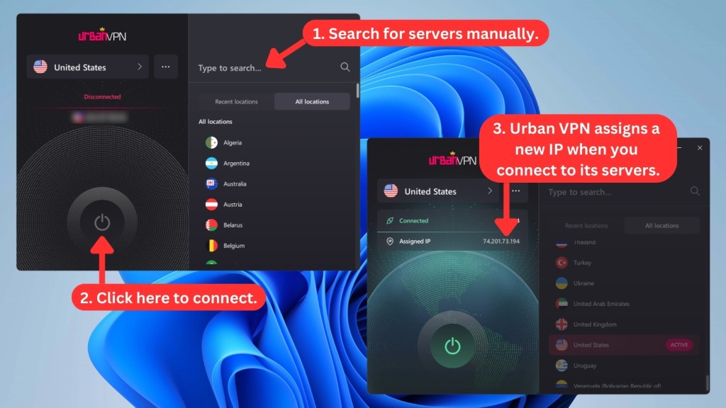 Urban VPN’s Windows app home screen, showing a list of server locations, with the VPN off on the left and the assigned IP address visible on the right after turning the VPN on