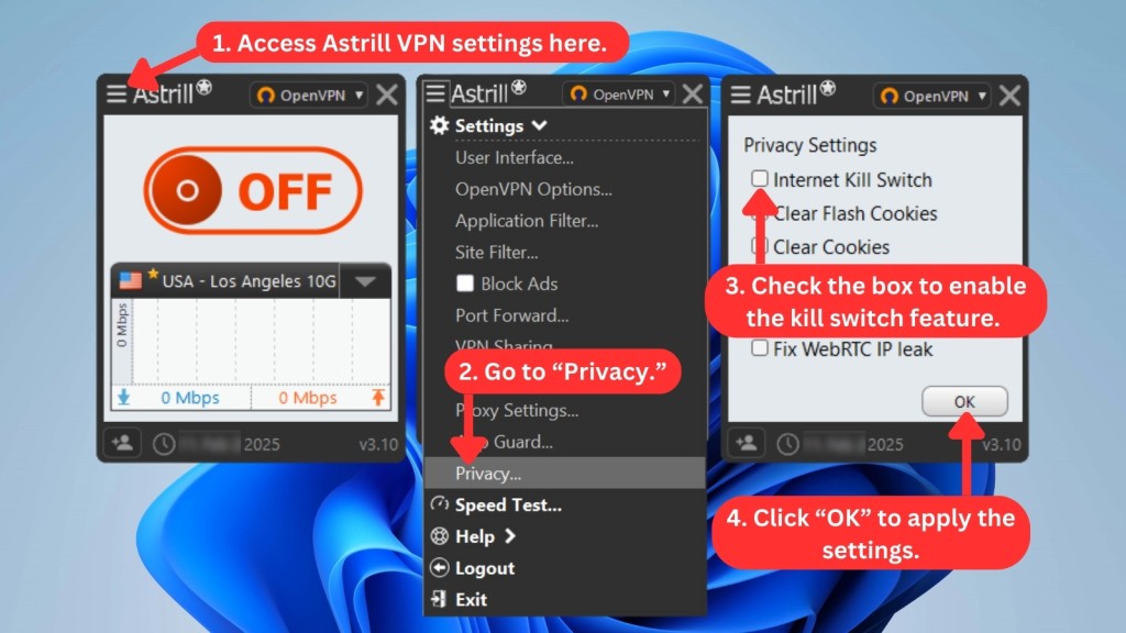 An image showing the process of enabling the kill switch feature on Astrill VPN for Windows via Privacy Settings