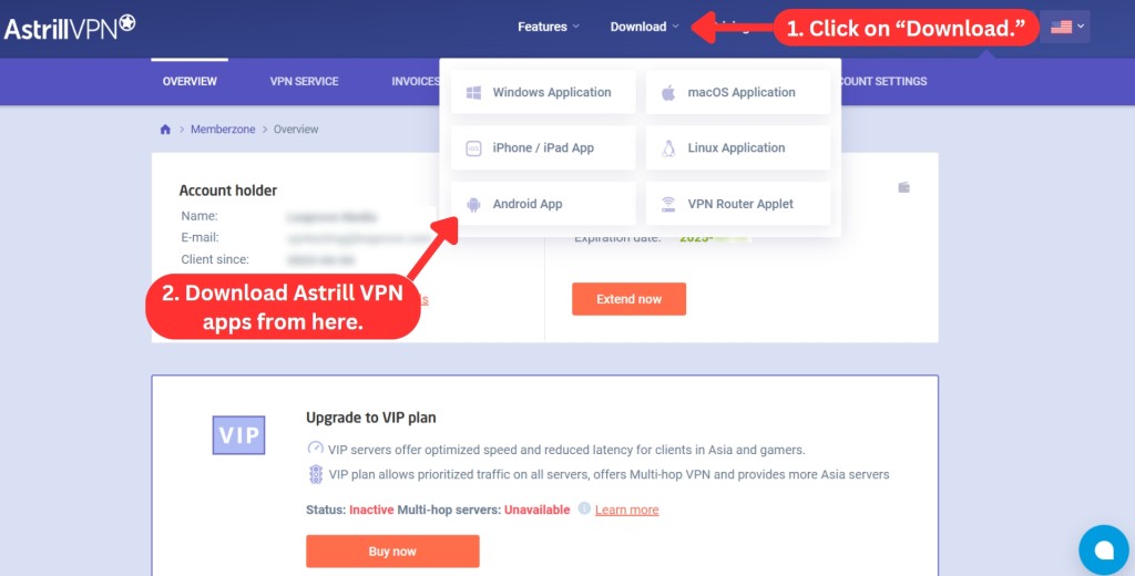 Steps on how to download Astrill VPN apps from the official website, with platform options for Windows, macOS, Linux, Android, iOS, and routers