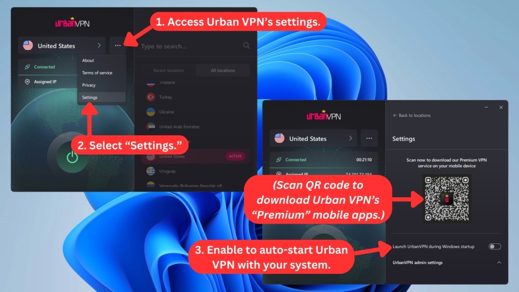 Urban VPN Windows app showing the steps to enable auto-start, featuring a small toggle button in the lower-right corner to activate the option and a QR code to download the Premium mobile versions