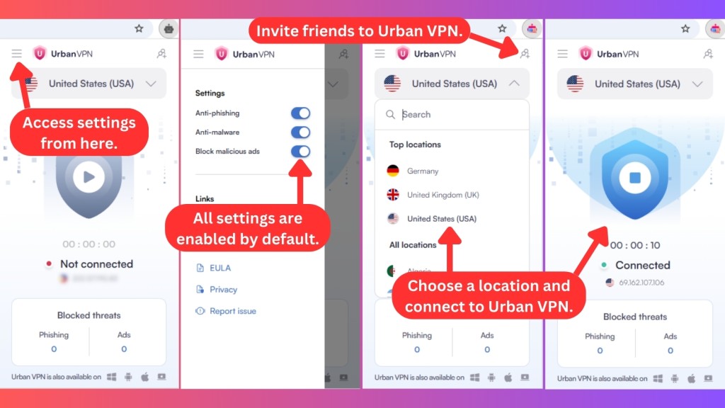 Urban VPN Chrome extension showing three horizontal lines in the upper left corner that open the settings panel, with all options enabled, alongside a list of server locations and a blue shield icon indicating an active Urban VPN connection