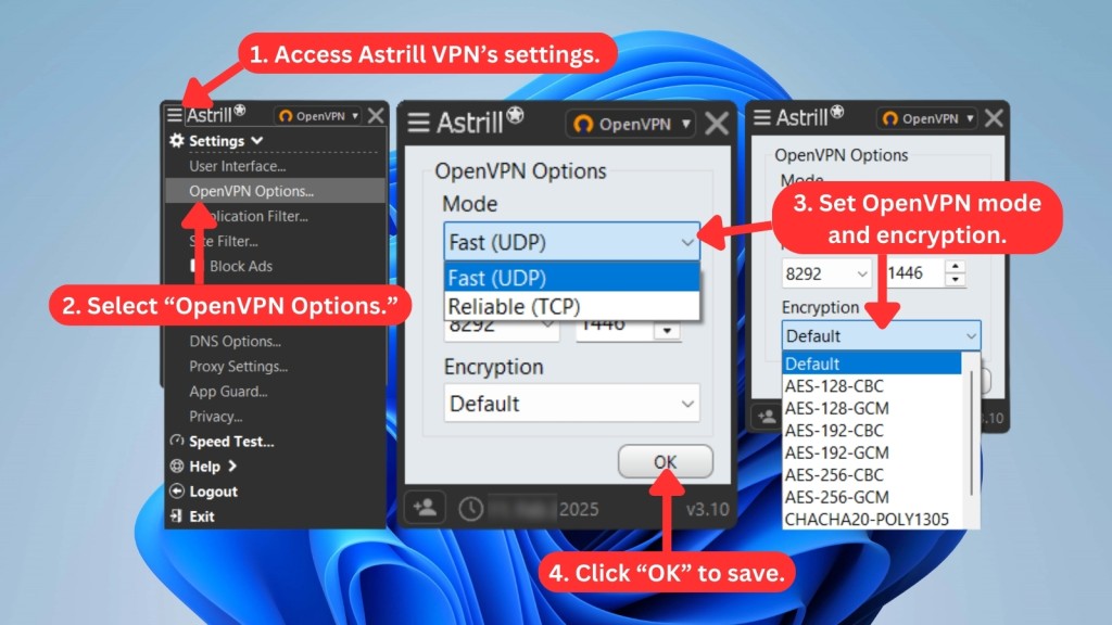 OpenVPN options in the Astrill VPN Windows app, showing two selectable OpenVPN modes and multiple encryption types