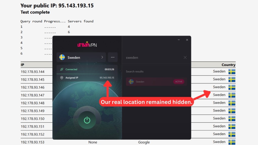 Urban VPN DNS leak test result APR 25 showing a connected IP address is located in Sweden with no leaks detected