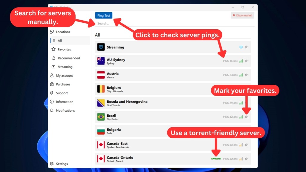 VPN Unlimited server options on Windows
