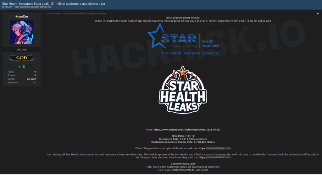 Breach forum user xenZen claims Star Health data leak in September 2024