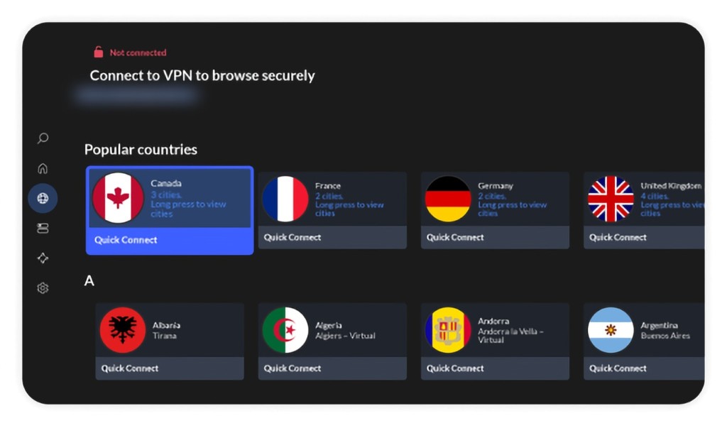 Section of NordVPN's app that allows you to browse all its servers.