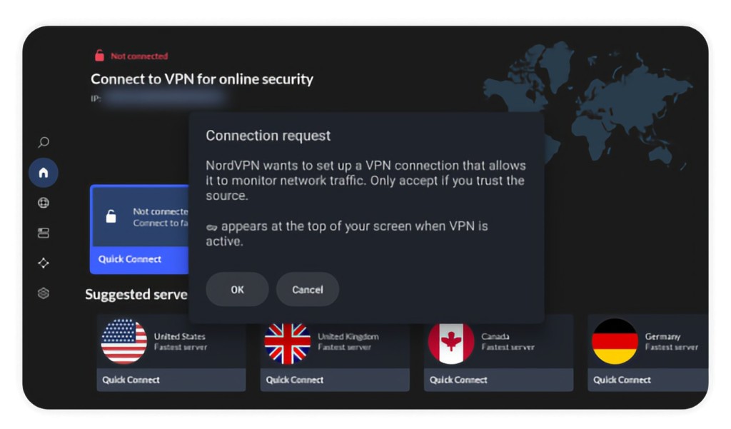 Connection request prompt when setting up NordVPN on Android TV.