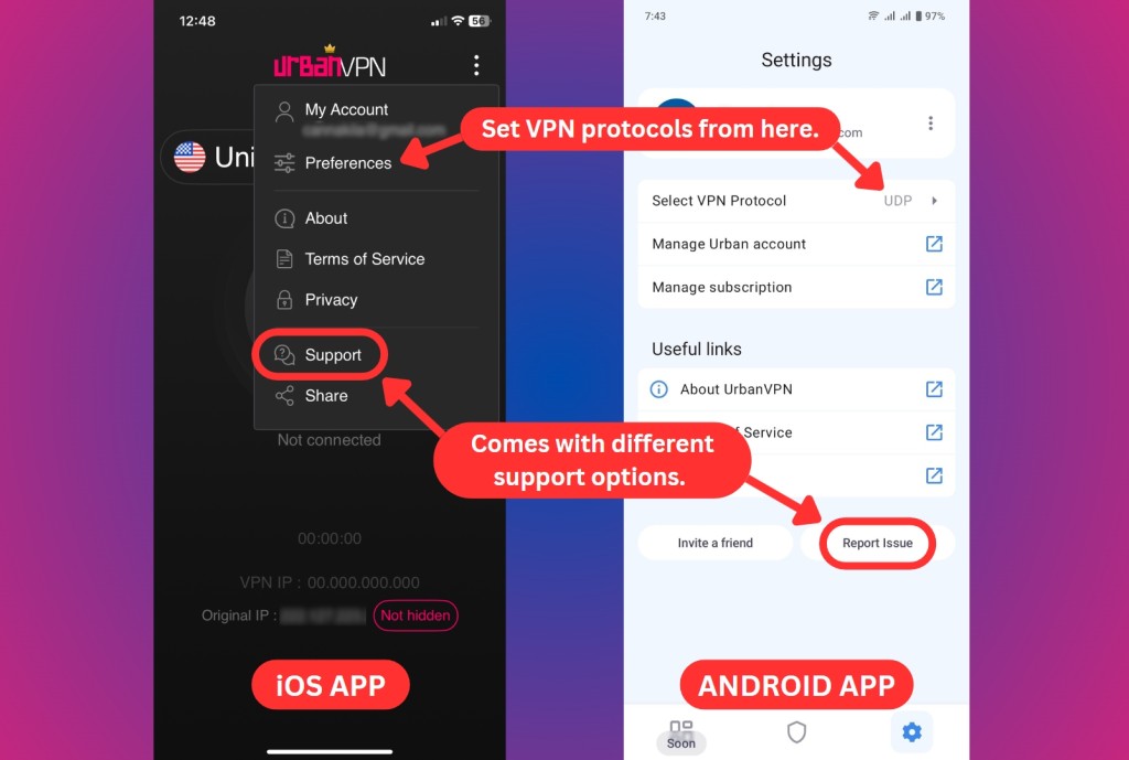 Urban VPN iOS and Android apps showing different settings menus, with iOS offering support via website redirection and Android providing an in-app issue report option