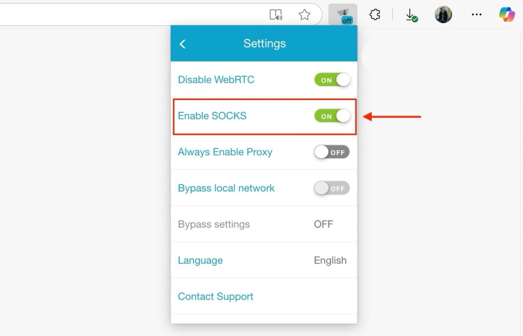 Hide.Me VPN's browser extension offers an easy way to enable a SOCKS5 connection.