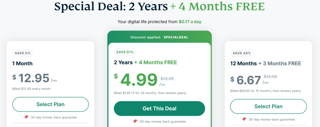 ExpressVPN pricing structure showing three pricing options starting from a monthly plan ($12.95)