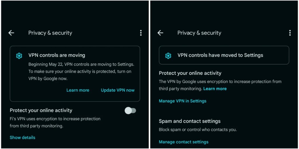 A notification about VPN controls moving to the Settings app on Pixel devices.