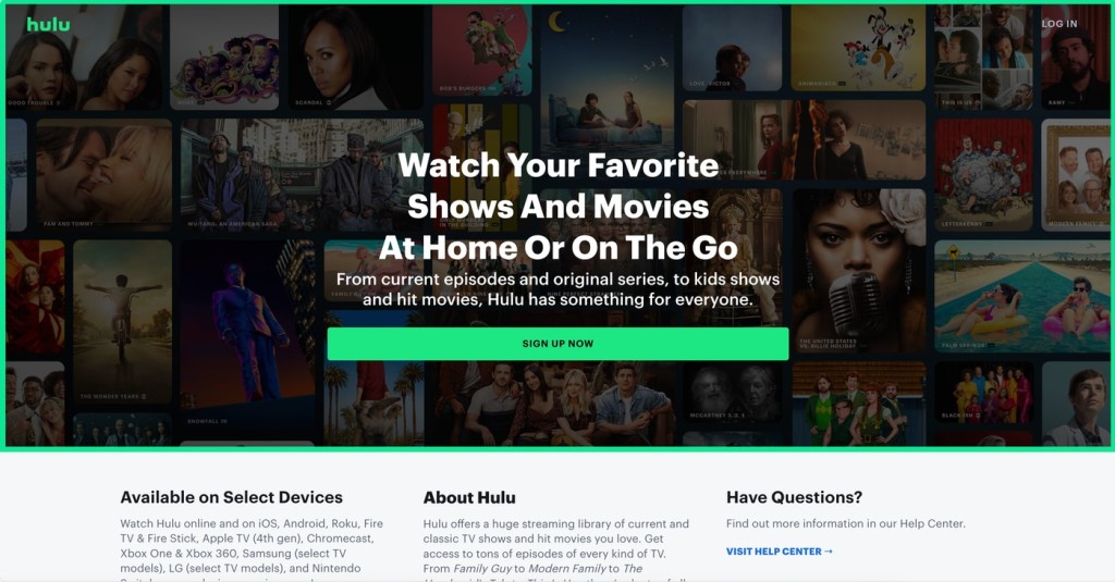 Hulu's landing page, which gives you an option to sign up for an account.