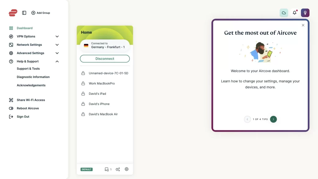 Improved user interface of ExpressVPN's updated Aircove router