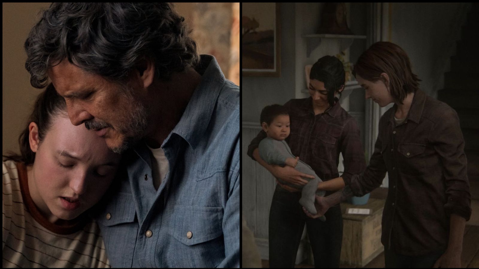 Joel and Ellie in The Last of Us Season 2 and Dina, Ellie, and JJ in The Last of Us Part 2 game