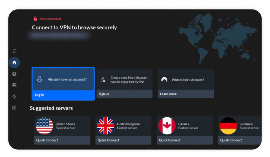 Home screen of NordVPN on Android with the 'Log In' button highlighted.