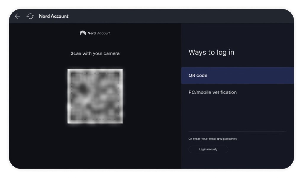 Various options to login to NordVPN app on Android TV.