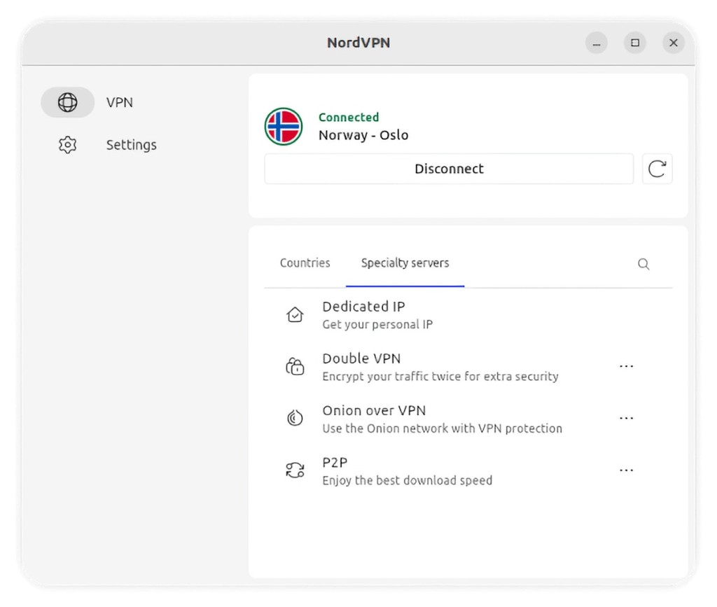 The interface of the new NordVPN GUI app for Linux.