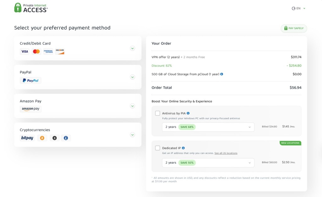 The last step of getting a PIA VPN subscription, where you can check any extras available and pay for your chosen plan.