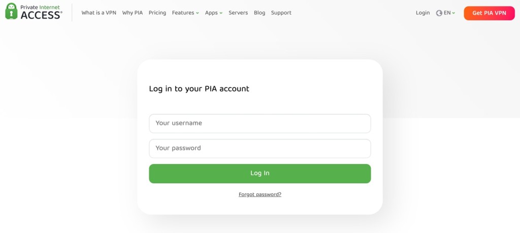 Login form on PIA VPN's website, using which you can access your dashboard.