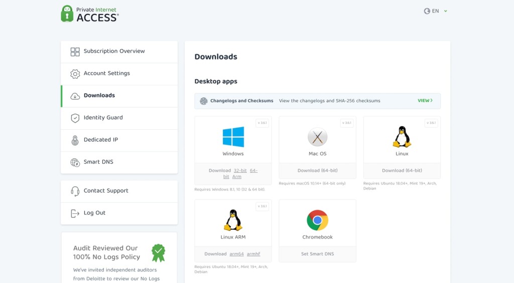 Downloads section on PIA VPN's website listing all of the available PIA VPN apps.