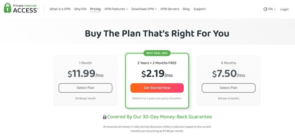 A selection of subscription plans that PIA VPN offers.