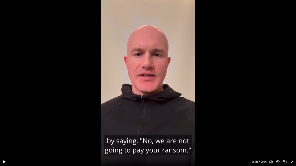 Screenshot of the video posted by Brian Armstrong denying ransom payment 