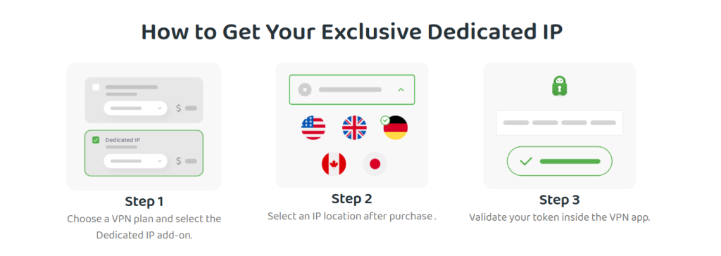 Steps on how to get a PIA dedicated IP
1. Choose your plan and select the dedicated IP add-on
2. Select IP location
3. Validate your token inside the app