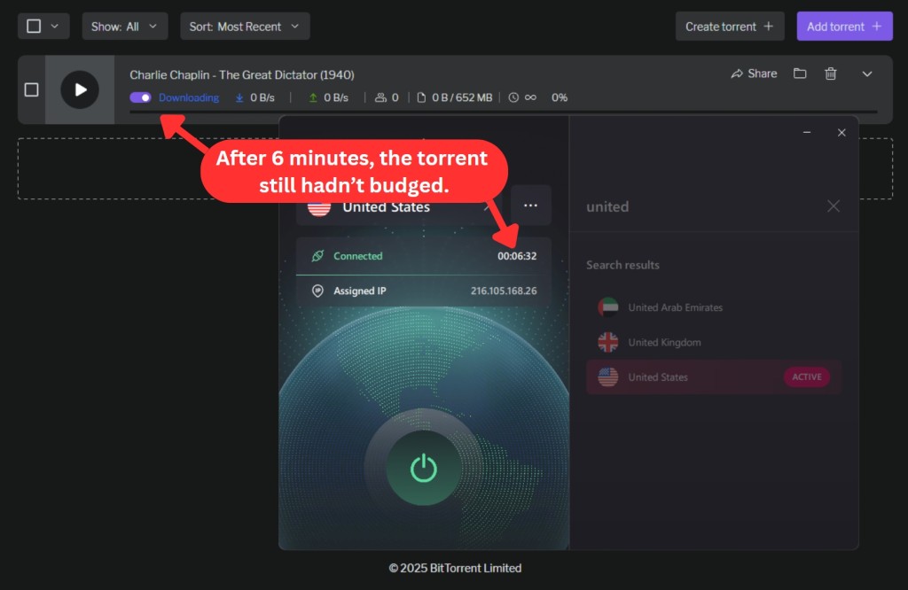 A test of Urban VPN’s torrenting performance using the BitTorrent client, where the download fails to start even after reaching the 6-minute mark