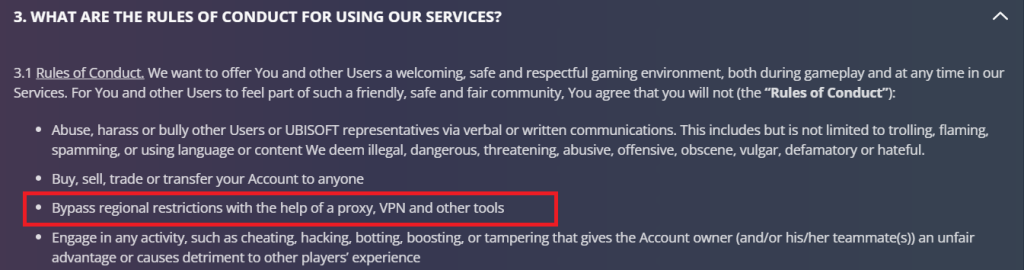 Ubisoft's Terms of Use Regarding Use of VPN.