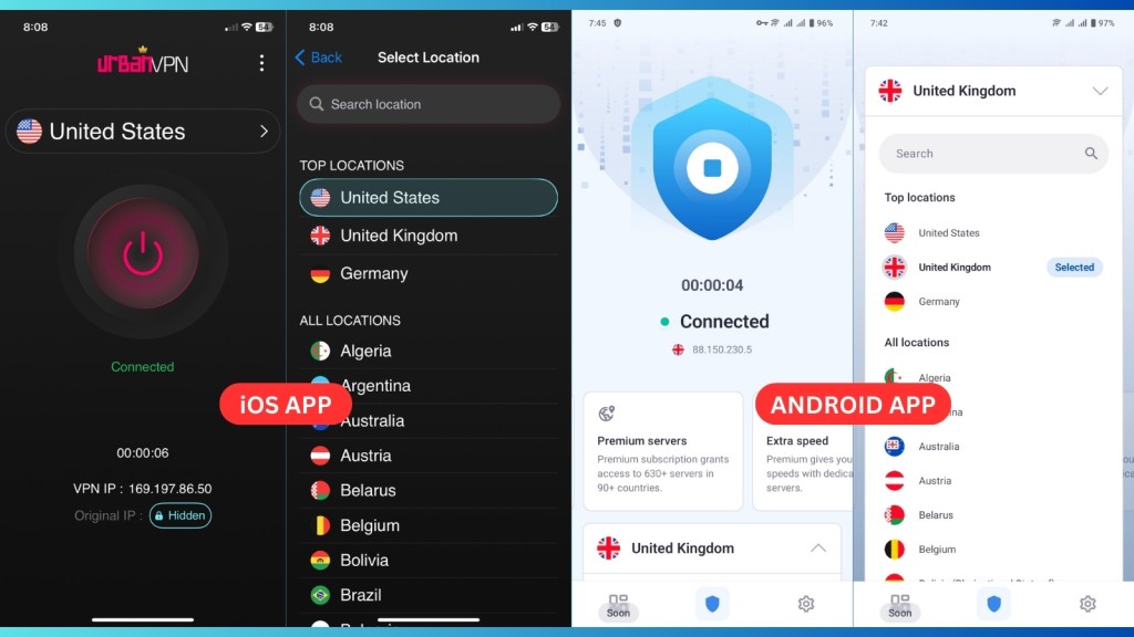 Urban VPN mobile apps for iOS and Android showing different interfaces, with the iOS app featuring a dark theme while the Android app uses a light color scheme