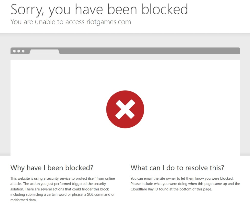 An error message while attempting to access Riot Games, indicating that the content is blocked in the current location