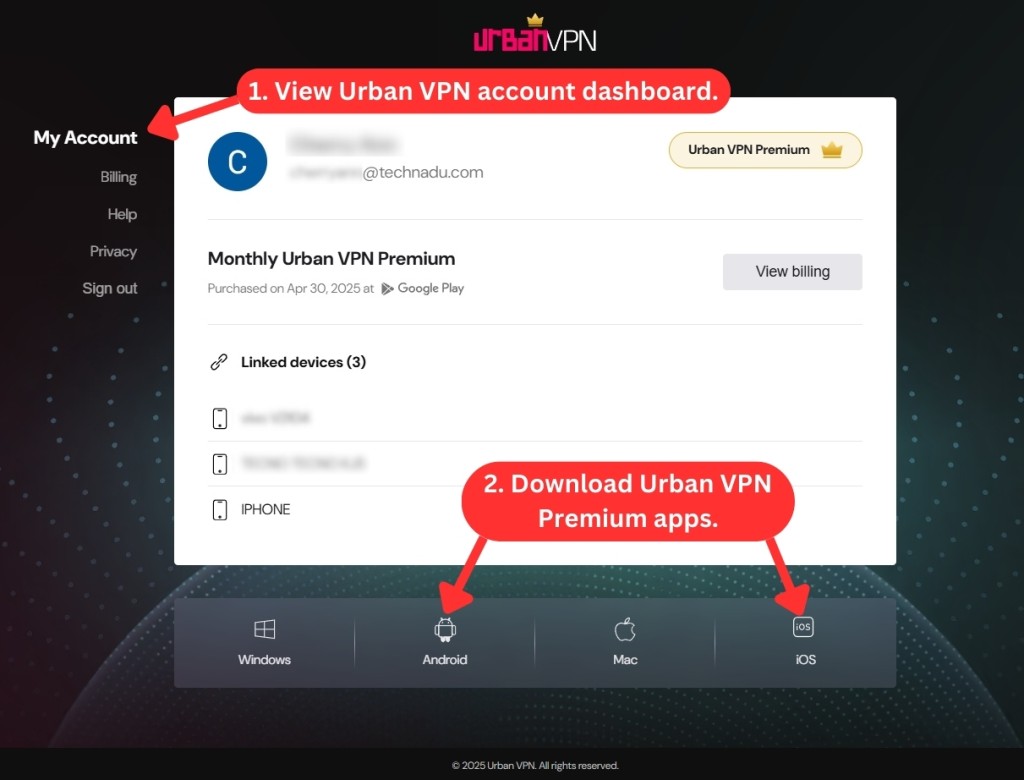 Urban VPN Premium account dashboard showing the user email at the top, followed by monthly subscription details including the purchase date, a 'Linked devices' section listing 3 connected devices, app download buttons for Windows, Android, Mac, and iOS, and a left-hand sidebar with options for Billing, Help, Privacy, and Sign out