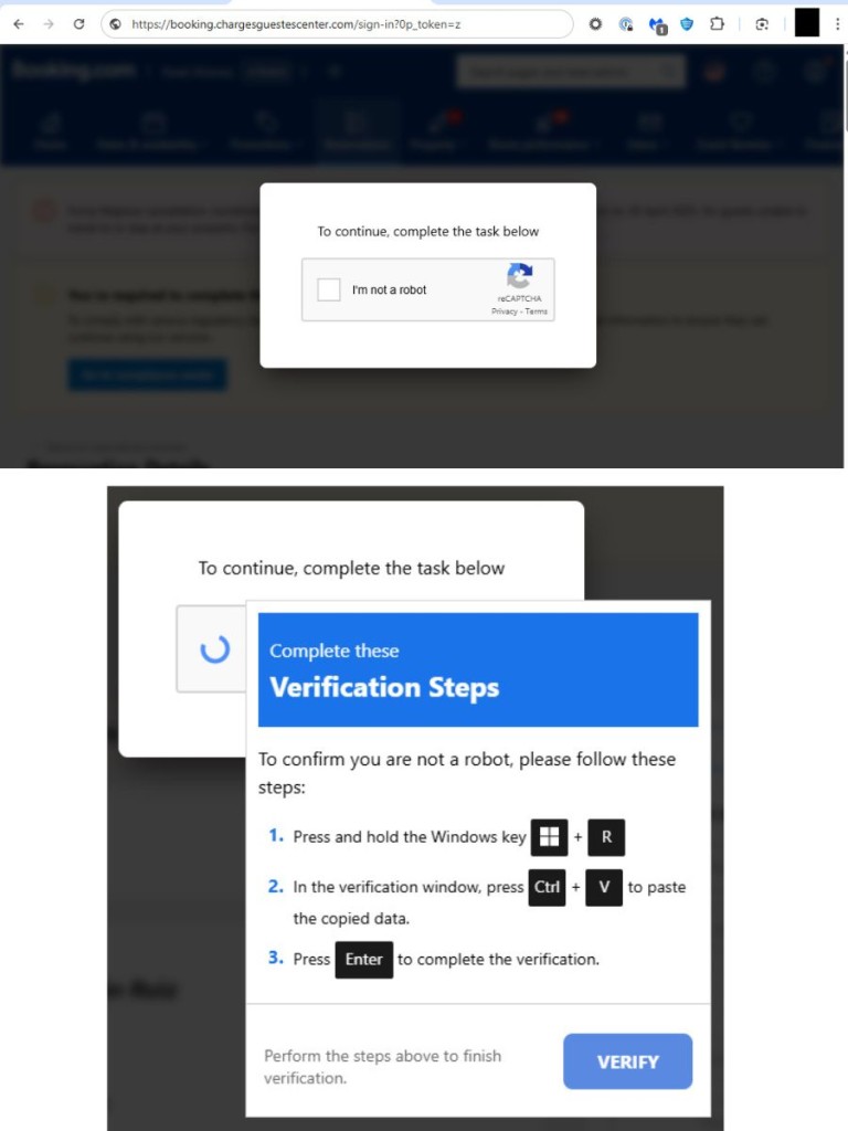 Website impersonating Booking displays fake Captcha prompt