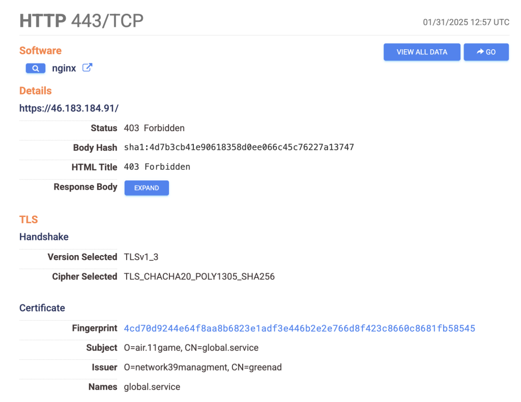 Censys result for the IP address contacted by the journalist's phone during the infection period