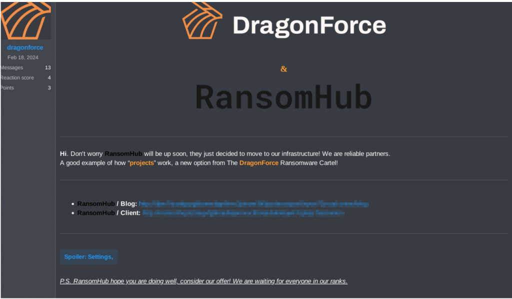 DragonForce breach forum post announcement in 2024