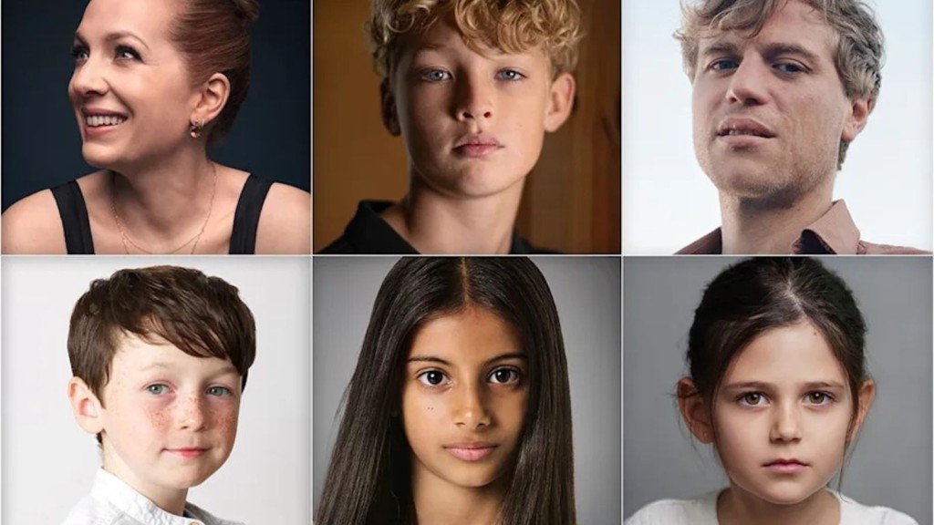 First Row L-R Katherine Parkinson, Lox Pratt, Johnny Flynn Second Row L-R Leo Earley, Alessia Leoni, Sienna Moosah