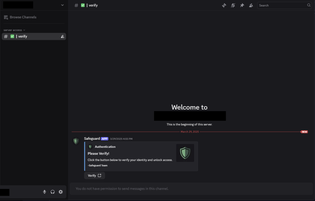 Malicious Discord server where users land after clicking a hijacked invite link 