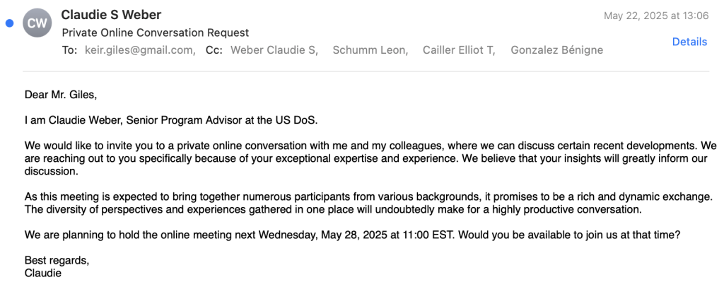The first outreach offering a highly plausible scenario of a consultation