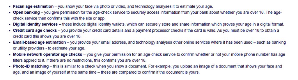 Age verification methods currently being used or tested