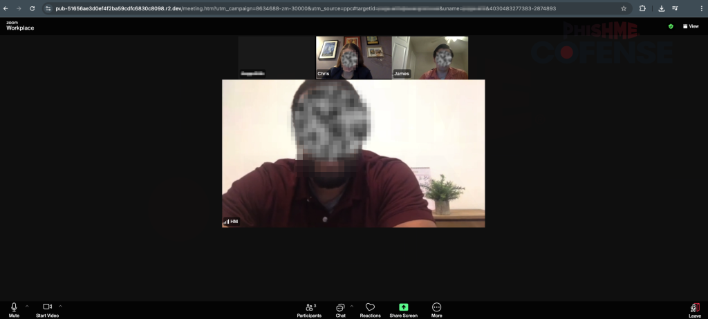 Fake Zoom call pages include interactive meeting participants